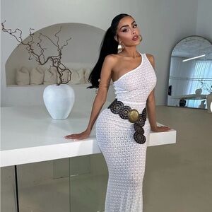 Belted Elegant White One-Shoulder Dress